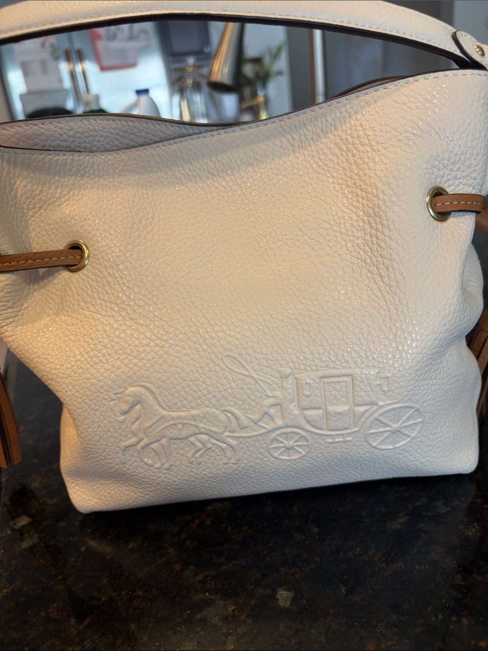 Coach Cream Leather Shoulder Bag with Embossed Carriage